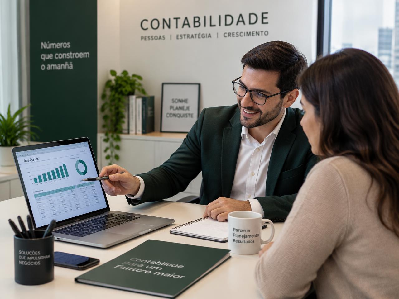 Contador atendendo uma empresária e explicando relatórios contábeis em um escritório